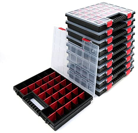 10er Set Sortimentskasten Sortierkasten Kleinteilemazagin Sortierbox Trennstege Durchsichtiger Deckel Verschließbar Stapelbar Kunststoff 39,9 x 30,3 x 5 cm