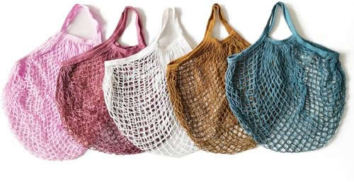 Fayemint 5 Stück Einkaufsnetz Baumwolle, Mesh Baumwolle Einkaufen, Wiederverwendbar Portable Einkaufsnetztasche, Für Einkaufen, Obst, Gemüse Lager