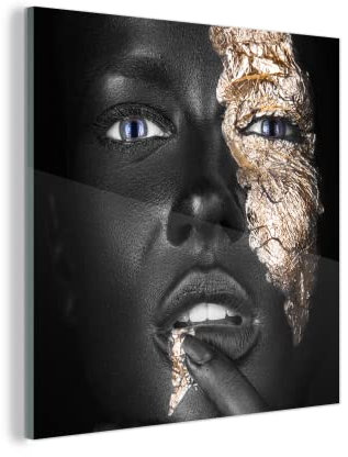 MuchoWow Glasbild Glasfoto Wandbild Bilder Deko 50x50 cm Frau - Blattgold - Schwarz - Haut - Luxus