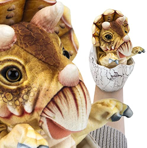 VFM - Triceratops Eierhandpuppen 23 cm Spielzeug - sehr detailliert & superweicher brauner Stoff gefülltes Tier realistischer Dino schlüpft kuschelisch Plüsch - Natural World