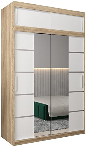 MEBLE KRYSPOL Verona 4 150 Schlafzimmerschrank Schiebetüren Schrank mit Spiegel Kleiderschrank mit Spiegel Schiebetürenschrank Kleiderschrank Schiebetüren 150x240x62cm Sonoma Mattweiß Verlängerung