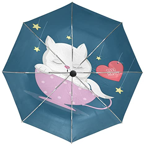 Vnurnrn Love Cat Stars Bowl Automatic Umbrella Foldable UV Protection Auto Open Close Compact Travel Umbrellas for Boys Girls Women