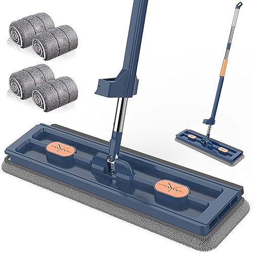 BESTXH Trapeador Manos Libres De 42 Cm, Trapeador Plano Grande, Trapeador De Microfibra, Trapeador Giratorio De 360 ​​° con Raspador De DeshidratacióN, Uso En Seco Y HúMedo,Azul,4 Pads