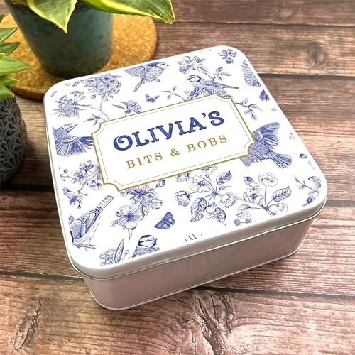 Square Blue Indigo Vintage Odds & Ends Bits & Bobs Personalised Storage Tin Personalised Gift | Custom Gift | Personalized Tin | Personalised Tins | Gift For Her | Gift For Him