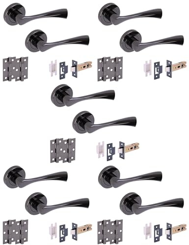 Hunta HANDLEZONE® 5 Sets Zena Internal Door Handles on Rose Lever Latch Packs with Ball Bearing Hinges - Black Nickel
