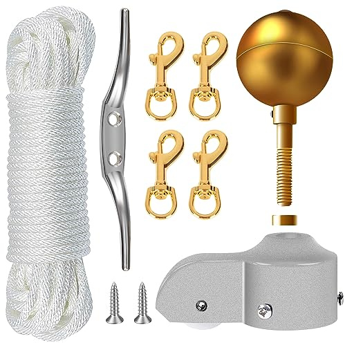 NQ Fahnenmast Zubehör Set,Fahnenmast Reparaturset,Fahnenmast-Reparaturteile inkl.Kugel,Seil,Karabiner, Klampe,Topper aus Aluminium mit Seilrolle Flag Parts(Gold)