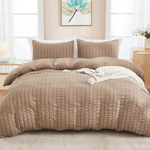 AveLom Seersucker Bettbezug (203,2 x 228,6 cm), 3-teilig (1 Bettbezug, 2 Kissenbezüge), weiches gewaschenes Mikrofaser-Bettwäsche-Set mit Reißverschluss, Eckbändern, Taupe