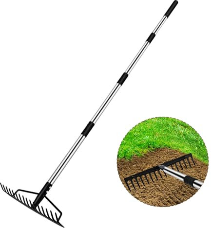 Rastrello da giardino a 17 denti in acciaio inox resistente, lunghezza regolabile 157,5 cm, manici per foglie cadute, leviga zolle e ripara prati