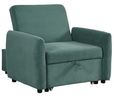 WeHome - Poltrona Letto Con Braccioli In Tessuto Con Piedini Neri, Poltrona Relax Trasformabile In Chaise Longue E In Letto Singolo, Pouf Poltrona Per Camera Da Letto E B&B (Tessuto, Verde Smeraldo)