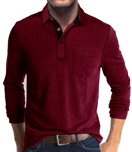 Rodawu Mens Long Sleeve Polo Shirts Golf Tops Casual Smart Polo T-Shirts Grandad T Shirt Designer