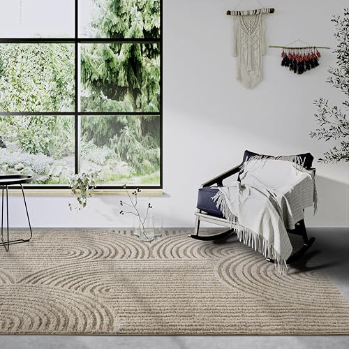 Elle Decoration Hochflor Teppich Chappe – Moderner Wohnzimmerteppich, Langflor Shaggy, Modernes Muster, Flauschig Weich Boho für Wohnzimmer, Schlafzimmer – Beige, 80x120cm