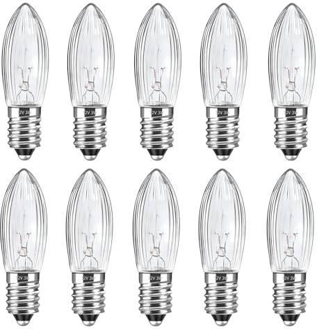 Caldarax 10 Stück E10 12V 3W Ersatzlampen Glühbirnen Topkerze Riffelkerze Spitzschaftkerze, Warmweiß 2700K, 30LM, Klar Kerze, für Weihnachtsbaum, Lichterketten, Schwibbogen