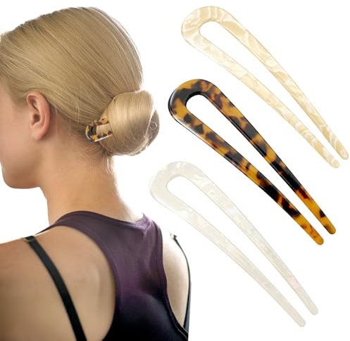 French Hair Pin 3 Stück, U Förmige Haarnadel, Acryl Französische Haarnadel, 2 Zinken Haarnadeln Groß, French Twist Hair Pin für Damen Mädchen Frauen