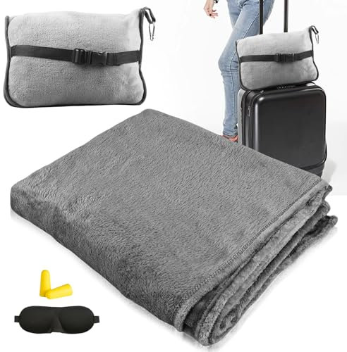 HOSPAOP Reisedecke Flugzeug, Reise Kissen Decke 2 in 1, Tragbare Flugzeugdecke(127 * 152CM) mit Schlafmaske und Ohrstöpsel, Reisekissen für Reisen, Bahn, Flugzeug, Auto, Camp, Grau