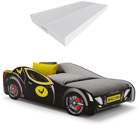 KOBI | BATCAR Kinderbett | Superheld | Für das Kinderzimmer | Autobett für Jungen | Set mit Matratze und Gestell (140x70)