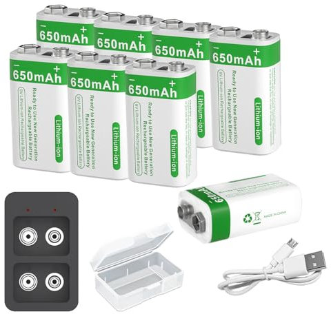 Pilas Recargables de 9V con Cargador y Cable USB, Pila Litio Recargable 650mAh (5850mWh) para Detector Humo, Multímetro, Mando a Distancia, Micrófono Inalámbrico, Guitarra Eléctrica (8 Pcs)