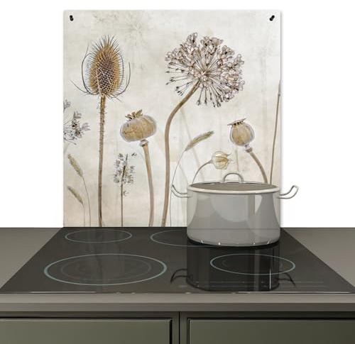 KitchenYeah© Crédence pour la Cuisine Murale 78x78 cm Accessoire Déco Protège Mur Plaque Anti Protection, Induction Fleurs - Aquarelle - Nature Morte - Marron - Vintage