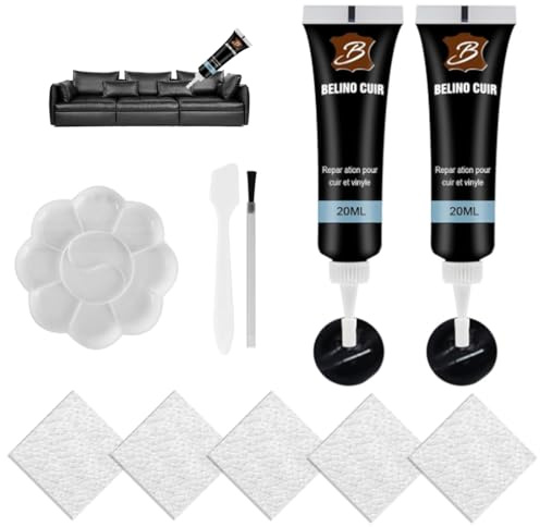 JCOTCL Leder Reparatur Schwarz Set – Schwarz Flüssigleder für Auto, Sofa & Lenkrad – Profi Kunstleder Reparaturset gegen Risse, Löcher & Kratzer – Inkl. 5 Strukturpapiere & Werkzeug(2x20ml)