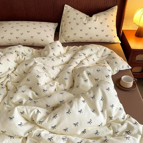 Freyamy Beige Double Duvet Cover Set 3pcs Aesthetic Black Bow Bedding Set | Lovely Girl Bedding Set Double Size 200x200 cm and 2 Pillowcases 50x75 cm