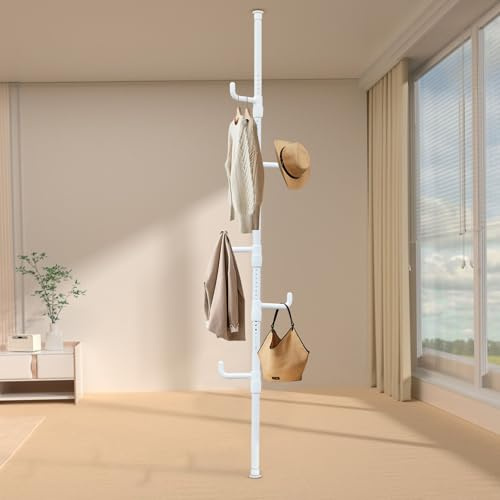 Gemsaya Teleskop-Kleiderständer | 110–310 cm, 5 Haken, ohne Bohren | Ausziehbarer Boden-Decken-Garderobenständer für Kleidung, Hüte und Taschen, Platzsparend für Flur und Schlafzimmer, Weiß
