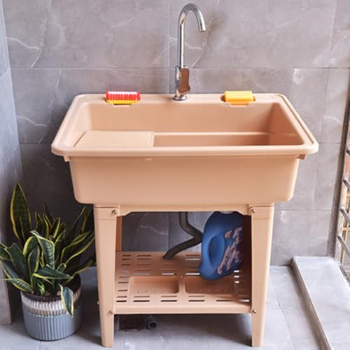 Lavadero Pila Exterior de Plástico PP con Tabla de Lavar y Grifo de Agua Caliente/fría, Lavamanos Portatil, Bañera para Mascotas, Pila Lavadero para El Hogar, Garaje y Jardín(Brown,68cm/27in)