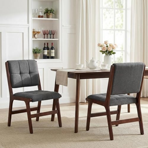 Ckaff Esszimmerstühle 2er Set, Küchenstühle aus Holz, Stuhl Esszimmer Wohnzimmer Polsterstuhl Armlehnstuhl mit Rückenlehne für Esszimmer Küche Wohnzimmer, Leinen, DunkelGrau