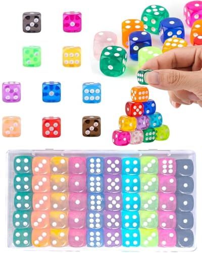 JUKOTA 50 Pezzi Dadi da Gioco - Set Multicolore (10 Colori),Dadi Traslucidi 6 Facce 14mm,Adatto per giochi da tavolo,Bar,Feste e tutorial,Inclusa scatola di immagazzinaggio