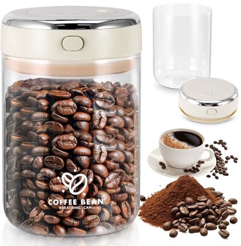 Houkiper Vacuum Coffee Canister, Glass Coffee Bean Storage 1100ml | Vacuum Seal, Date Tracker, Borosilicate Glass, Coffee Bean Storage, Freshness Valve, Multi-Purpose