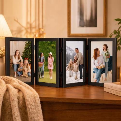 BOTEWO Bilderrahmen Collage Holz für 4 Bilder - Bilderrahmen Mehrere Bilder | 10x15 CM Klappbilderrahmen mit Front für Büro Familie Geburtstag Hochzeit Schreibtisch und Geschenk Deko