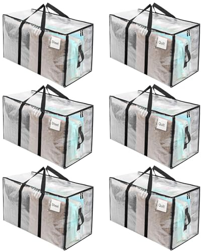 RICHIE Clear Heavy Duty Extra Large Moving Bags with Reinforced Handle and Double Zipper - Waterproof Storage Box with Tag Window - for Christmas Decorations, Moving & Travel, 90L (Clear, 6 Packs)