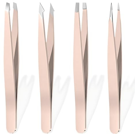 4 Pieza Pinzas de Pestañas de Acero Inoxidable, Pinzas Independientes Profesionales, Pinza de Precisión con Punta Cangrejo, para Cejas Pestañas, Pelo de Barba Pelo Encarnado (Rosa)
