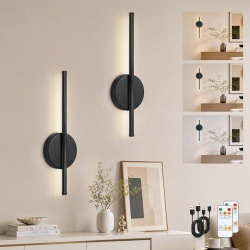 Kimjo LED Wandleuchte Innen Akku, 40cm Dimmbar Wandlampe Schwarz | 4400mAh Aufladbare Wandleuchten Ohne Strom, Kabellose Wandleuchte mit Fernbedienung, Moderne USB Wandbeleuchtung, 2 Stück