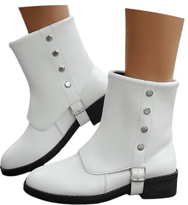 Dam Western Cowboy Stövlar Med Nitar 2025 Nya Retro Ankelstövlar Med Blockklack Höst Vinter Ankelboots PU Läder Biker Stövlar Dam Casual Breda Slip-on Skor(White,43 EU)