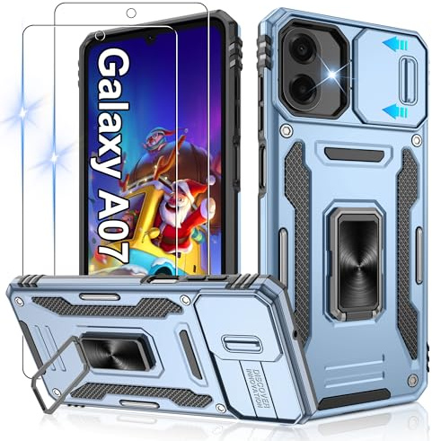 Jshru for Samsung A07 Phone Case with Screen Protector | Camera Protective Cover | Ring Stand,Shockproof Bumper Phone Cover,A07-Light Blue