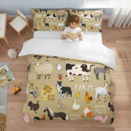 Homewish Farm Animals Junior Duvet Cover for Kids Boys Girls Bedroom - Beige Cartoon Animal Theme Bedding with 1 Pillowcase - Cute Cow Horse Dog Print Quilt Cover Farmhouse Country Bed Set