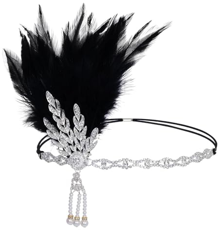 1920-talet flapper-pannband, fjäder huvudbonad huvudbonad, 20-talet vintage strass hårdekoration, för kvinnor flickor karneval temakostym avslutningsbal party dekoration (svart)