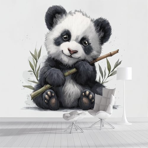 Papel Pintado De Mural Seda Panda Comiendo Bambú, Fotomurales Animales De Acuarela 250x175cm, Decoración De La Pared Murales Para Dormitorio Habitación Para Niños