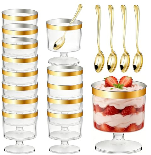 100pcs Mini Clear Plastic Dessert Cups with Gold Spoons, 5oz/150ml Reusable Gold Rim Dessert Cups, Disposable & Reusable Serving Cups for Pudding, Mousse, Fruit, Appetizer, Ice Cream Party Supplies