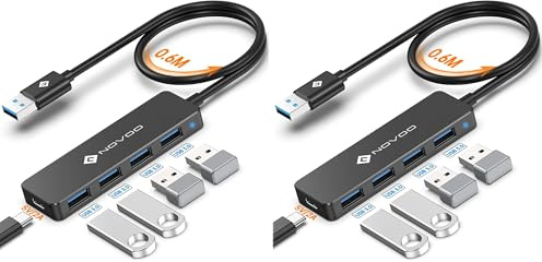 NOVOO USB C Hub 4 Puertos 3.0, Transferencia de Datos de 5 Gbit/s, Adaptador con 5 V/2 A Puerto de alimentación, Cable extendido de 60cm, Concentrador para MacBook, portátil, Disco Duro móvil