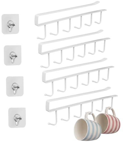 Dwitkul 4 Stück Tassenhalter Schrank Tassen Aufhängung Ohne Bohren, Tassenhalter Regal Schrankeinsatz Weingläser Hakenhalter für Tassen, Becher, Weingläser(Weiß)