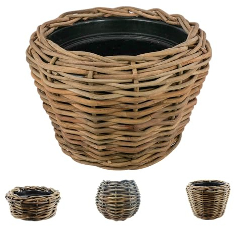 Rattan Pflanzkorb - Pflanzkübel - Rustikale Blumenkübel mit praktischem Kunststoffeinsatz - Handgeflochtene Rattan-Schale Braun - Wetterfester Übertopf für Innen & Außen (Braun, ⌀ 57 cm Höhe: 43 cm)
