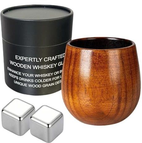 YIFKJYLF Wooden Bourbon Drinking Glass Set with 2 Stainless Steel Ice Cubes | Handcrafted Wooden Whiskey Tumbler, For Bourbon Scotch Cocktail, Old Fashioned Glass, Perfect for Men Dad Husband Birthday