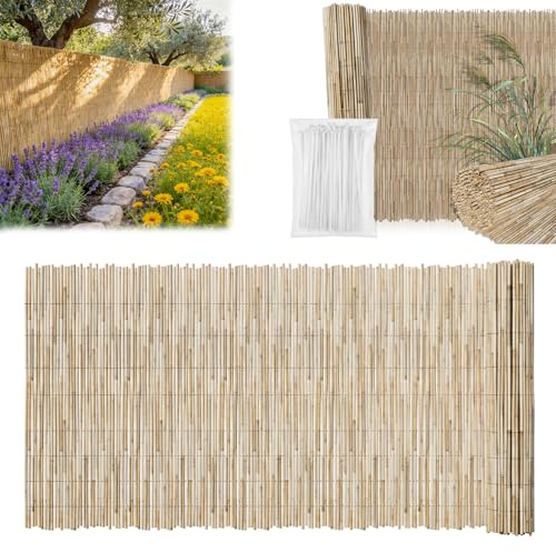 Froadp Esterilla de protección visual 193 x 300 cm, protección visual natural de juncos, estera permeable al aire y deja pasar la luz, incluye 50 bridas, para jardín, terraza y balcón