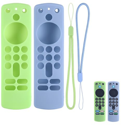 KAFZEL 2 Stück Silikon Fernbedienungshülle, mit farblich passendem Trageband, Fernbedienungshülle kompatibel mit Fi.. TV St..k /4K Ale...a Sprach-Fernbedienung(Leuchtgrün & Leuchtblau)