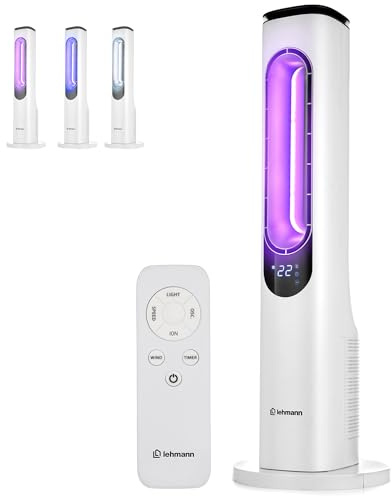 LEHMANN Ventilatore a Torre senza Pale, Ventilatore a Colonna Silenzioso con Modalità Notte, Telecomando, Schermo LED, Timer 1-15 h, 3 Velocità, 3 Modalità, 3 Colori di Illuminazione, Oscillazione