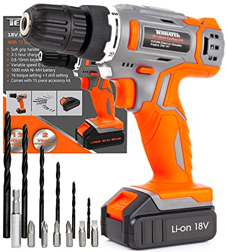 Terratek Cordless Drill Driver 18V Lithium-Ion, 13Pc Electric Screwdriver Set, LED Work Light, Electric Drill Quick Change Power Drill Battery and Charger Included