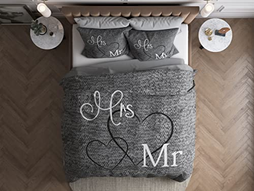 Sleeptime Bettwäsche 240x220 3-teilig - 100% Baumwolle - Mr and Mrs - 1x Bettbezug 240x220 cm + 2X Kissenbezug 80x80 cm - Oeko-TEX®, Knopfverschlüsse, pflegeleicht - atmungsaktiv & hautfreundlich