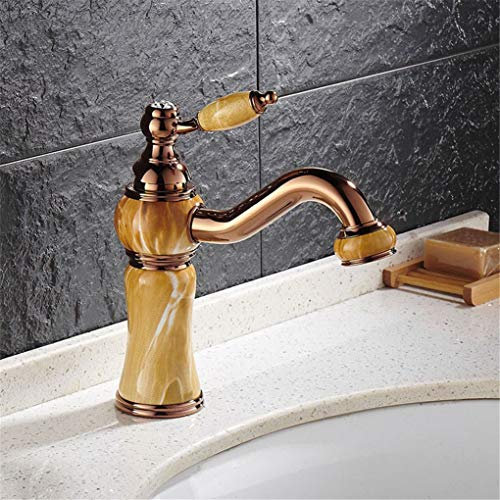 YAWEDA Copper Basin Faucet Bath Sink Faucet Imitation Jade Spray Paint Rose Gold Faucet 360 Degree Rotary Table Basin Faucet Cold Water Mixer Single Handle Belt Crystal Aerator