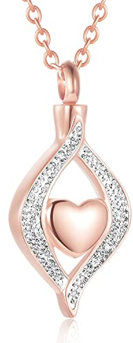 Crystal Teardrop Heart Cremation Urn Pendant Memorial Necklace for Women Stainless Steel Ashes Holder Keepsake Jewelry (Rose Gold)