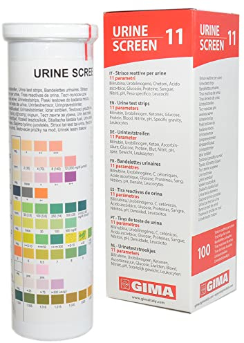 GIMA RAYAS DE ORINA EN BOTELLA - 11 parámetros. Pack de 100 piezas Utilizado por profesionales para pruebas visuales en el control/detección general de afecciones generales de salud.11 parámetros